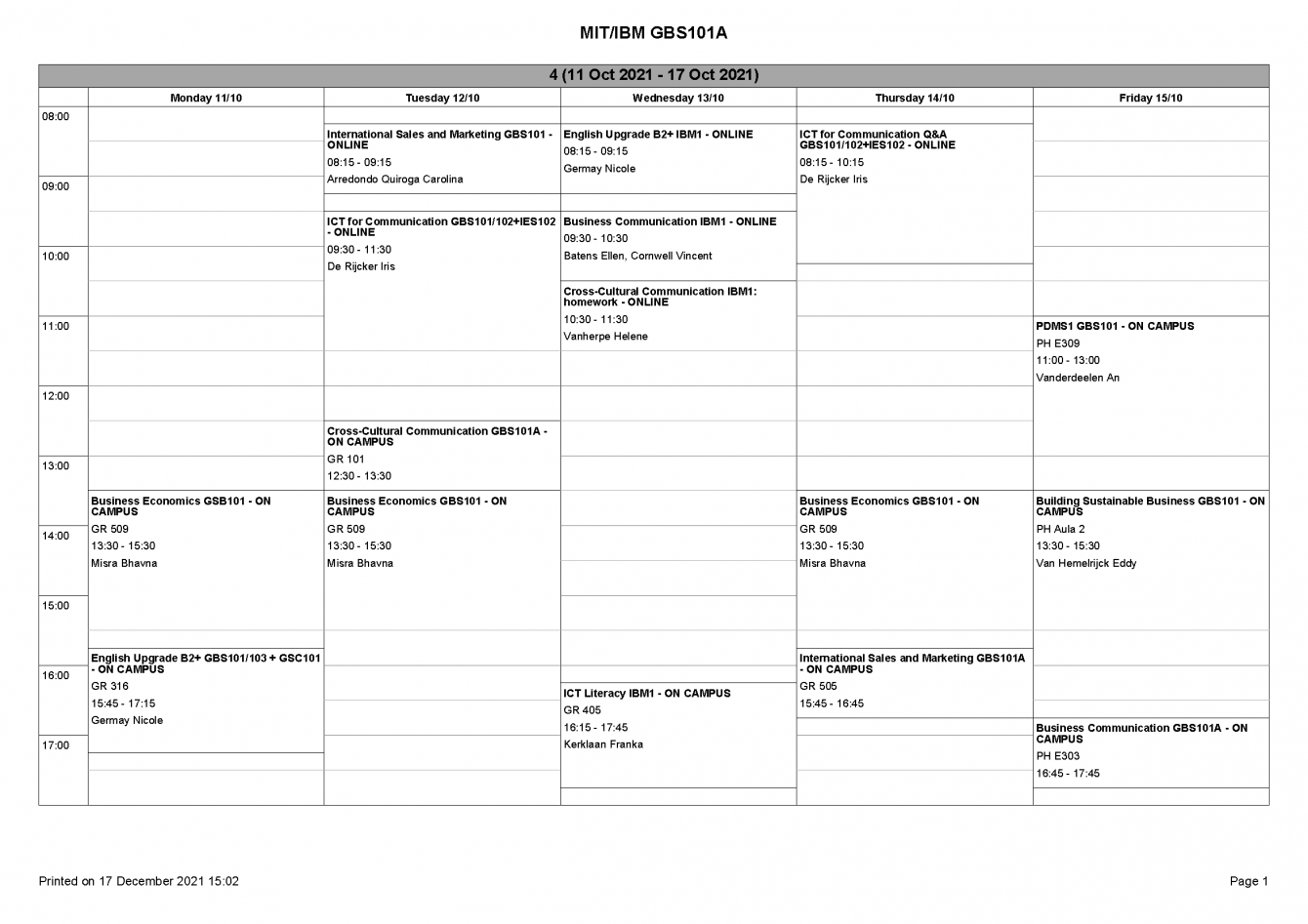Course Schedule 2021 Global Business