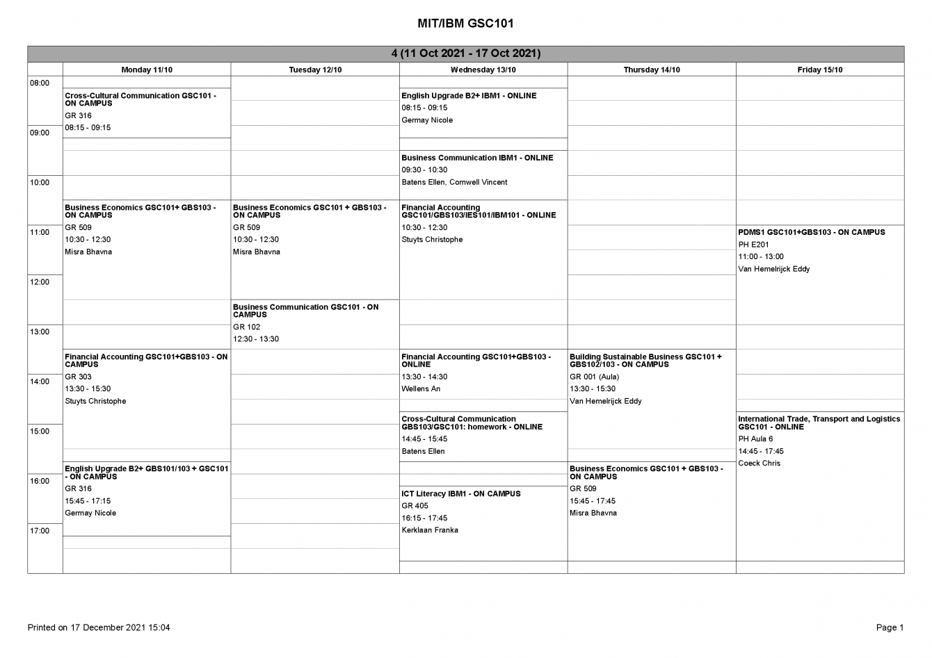 Course Schedule 2021 Global Supply Chain Management