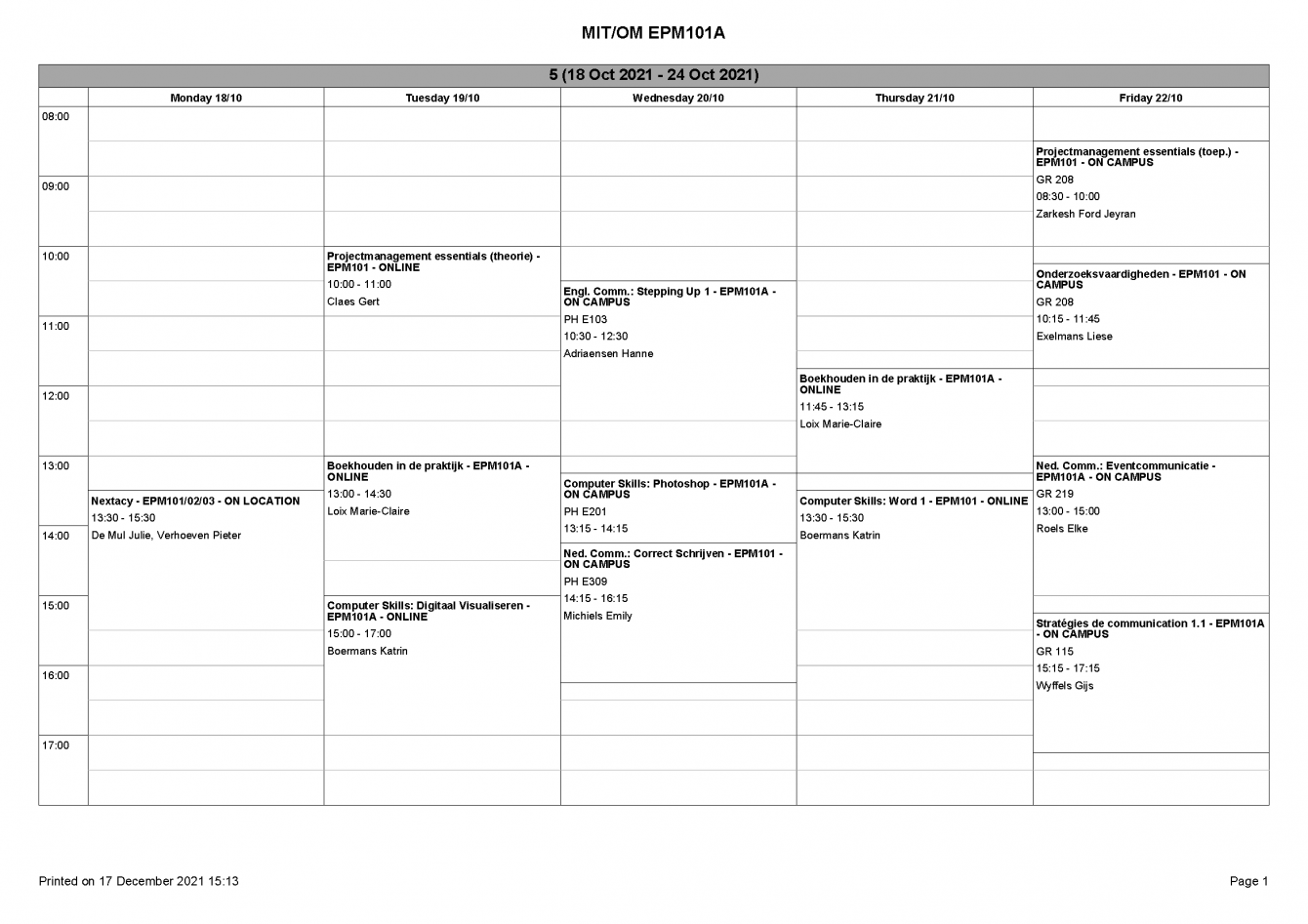 Lesrooster 2021 Organisatie & Management - Event- en Projectmanagement