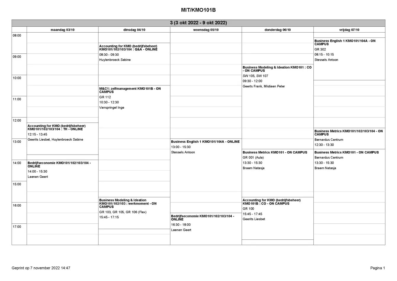 Voorbeeld lessenrooster KMO 2023/2024