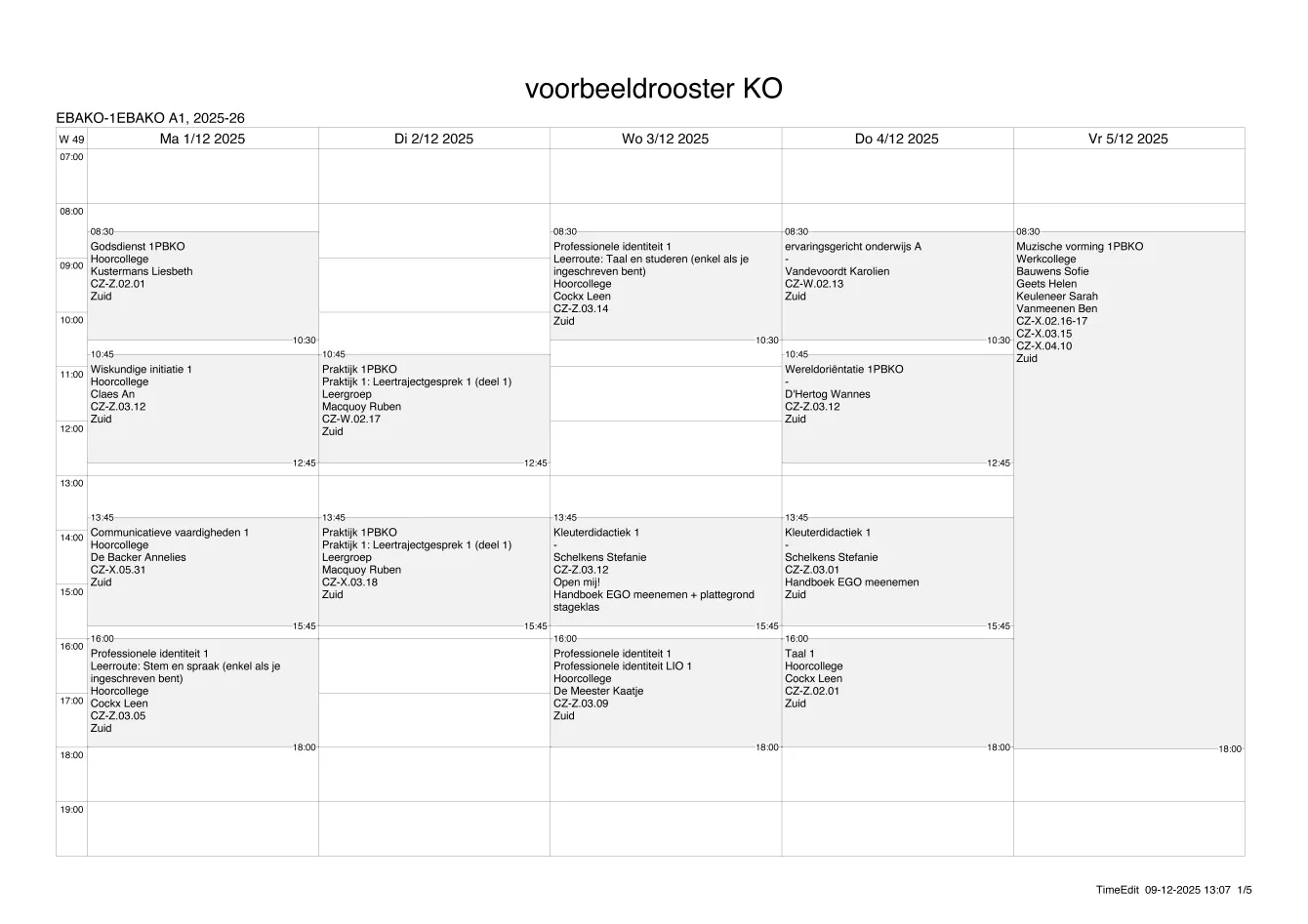 Voorbeeldrooster Leraar Kleuteronderwijs