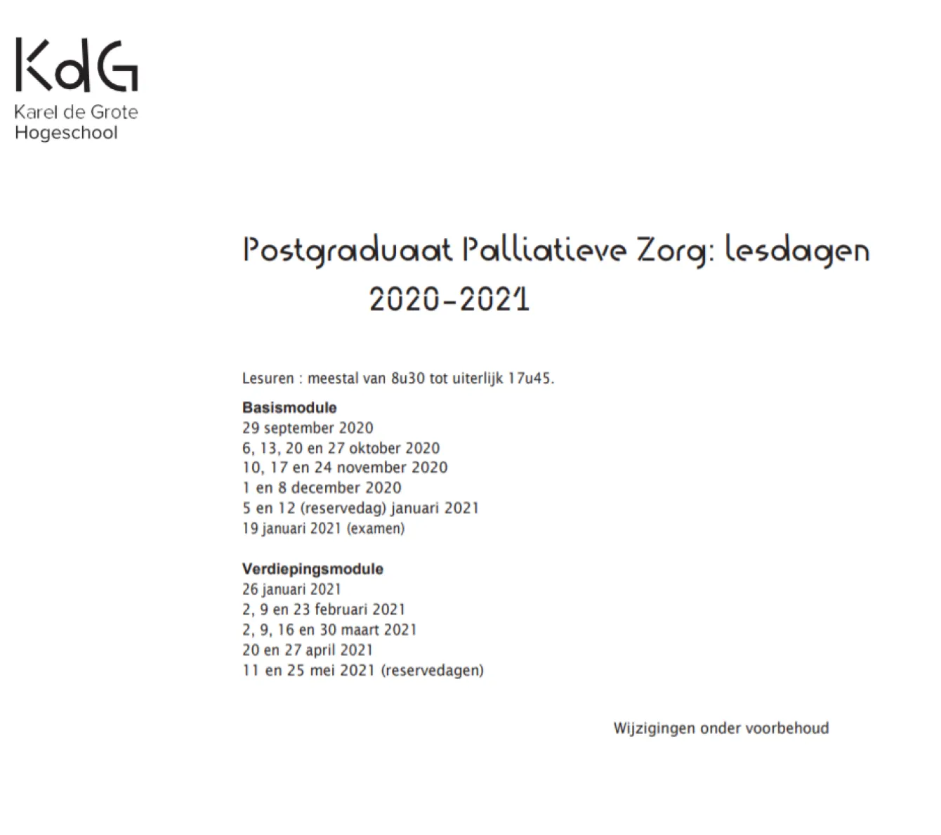 Postgraduaat palliatieve zorgen lesdagen